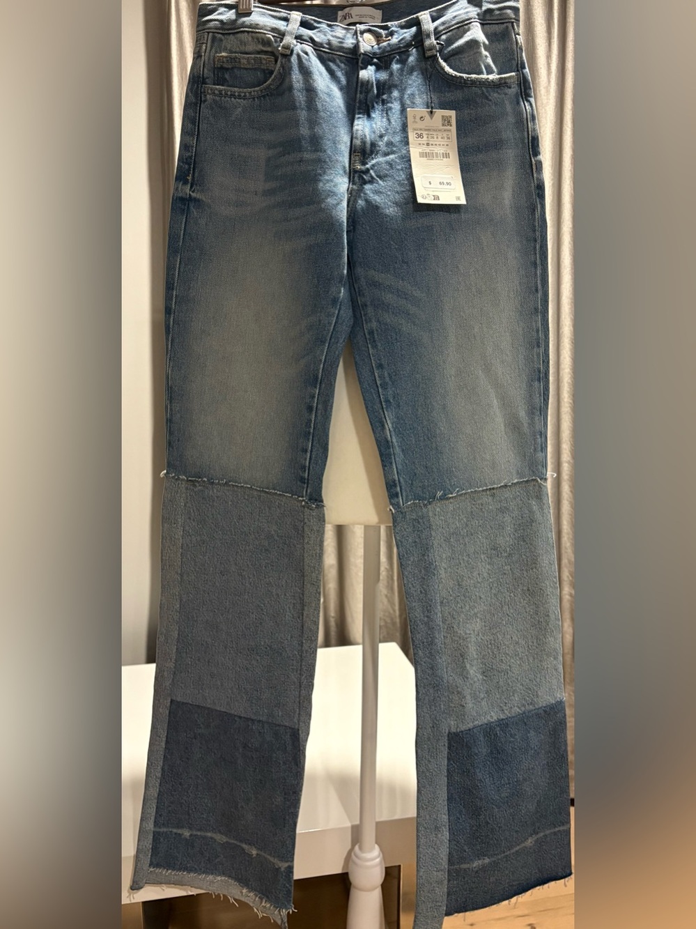 Zara Two-Tone Patchwork Straight-Leg Jeans in Light and Medium Blue